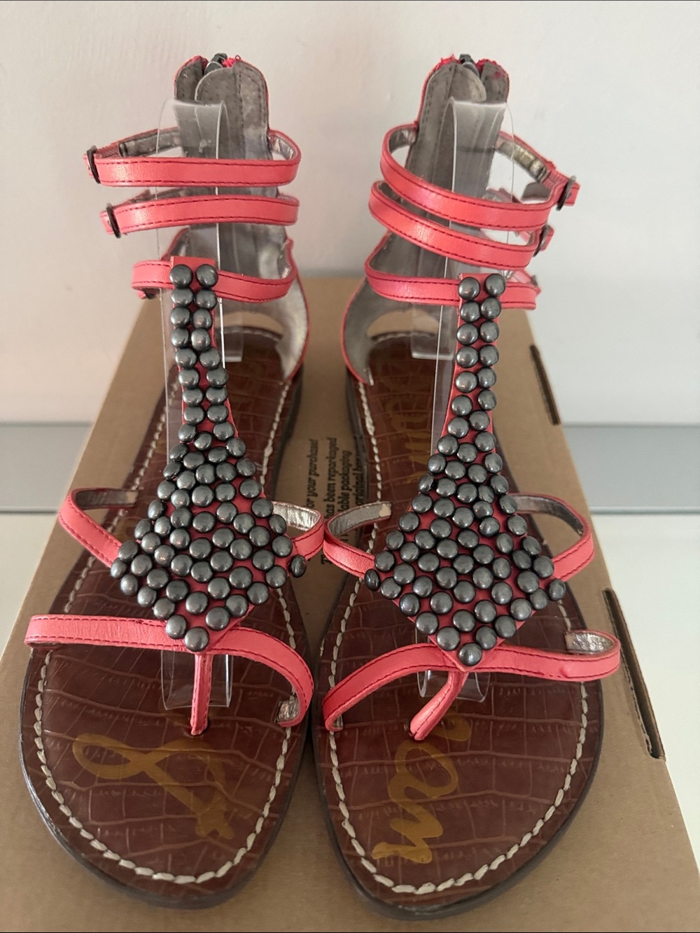 SAM EDELMAN Ginger Studded Gladiator Sandals Ankle Strap Flats Leather Size 8